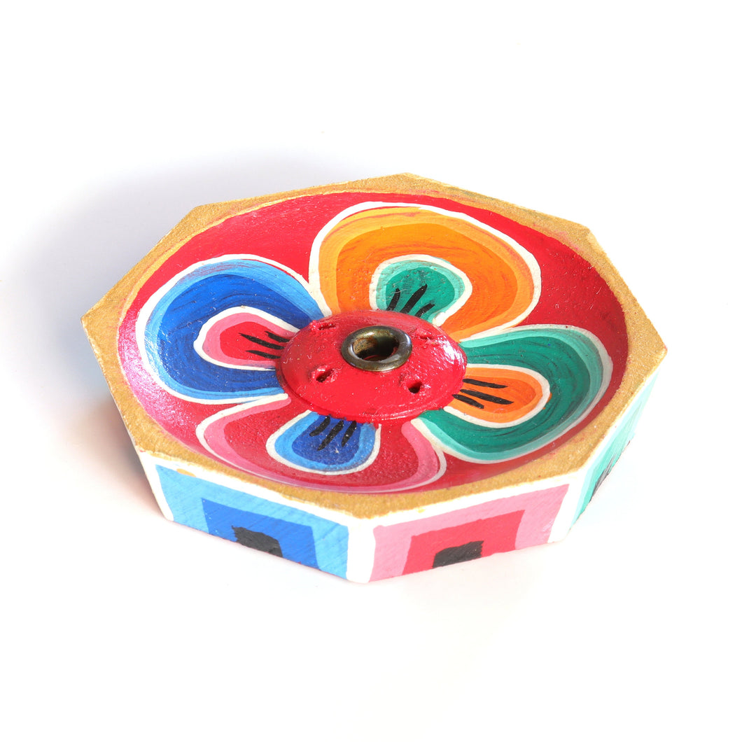 Flower Mini Incense Holder | Handmade Hand-painted Wood Incense Burner | Holds 4 Regular & 1 Joss Sticks | Housewarming Gift, Home Decor